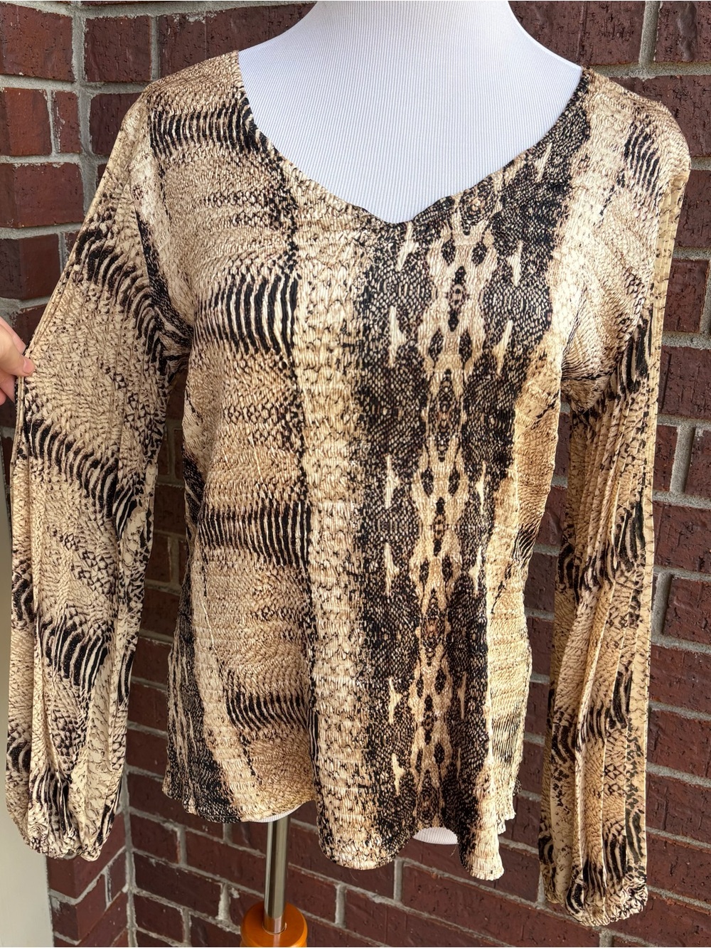 Women's Long Sleeve V-Neck Top in Tan Snake Print